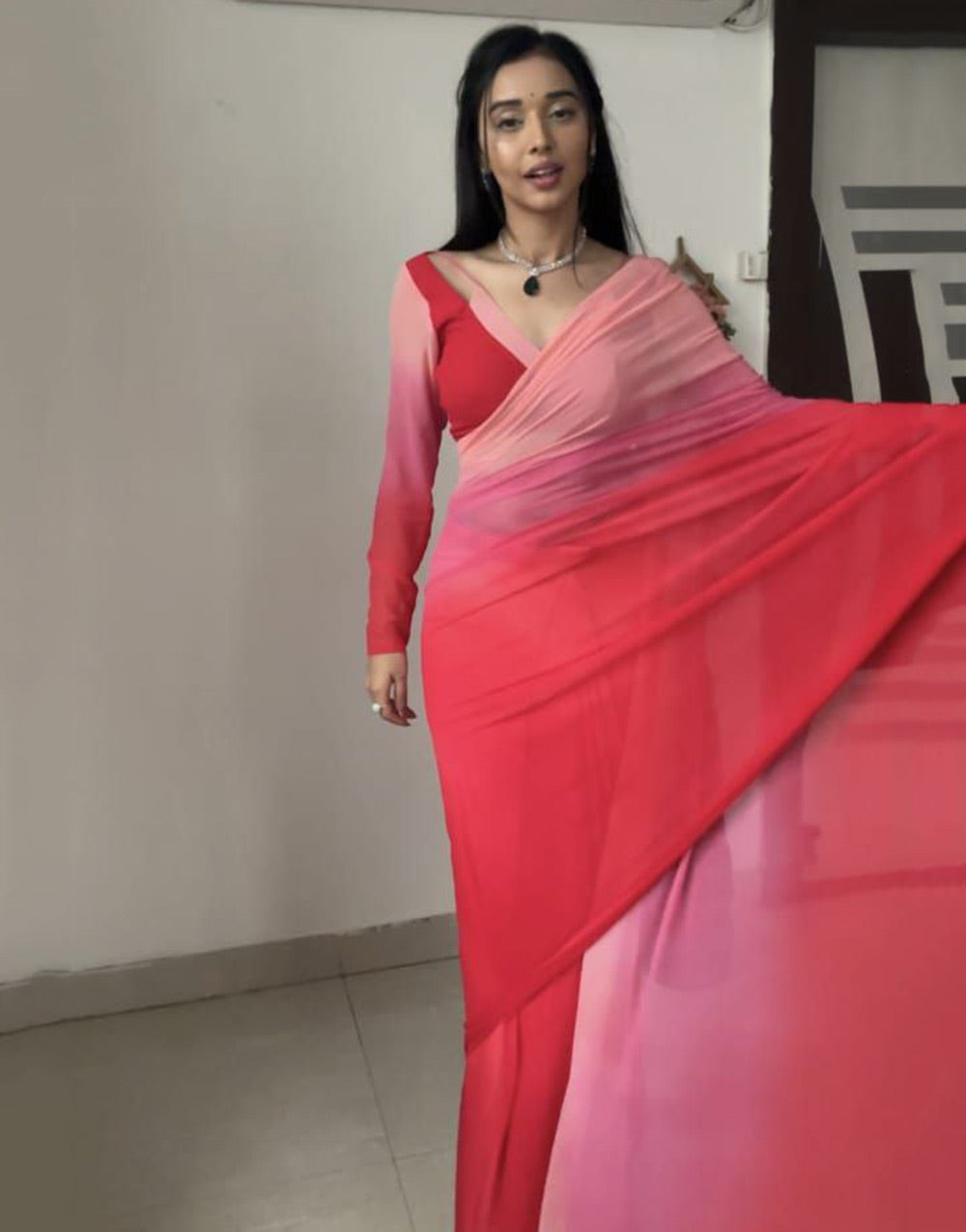Red & Peach Georgette Ready To Wear Saree