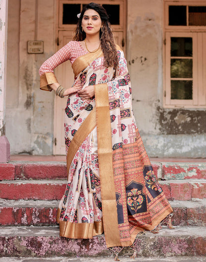 Cream & Light Brown Silk Saree With Digital Printed Work