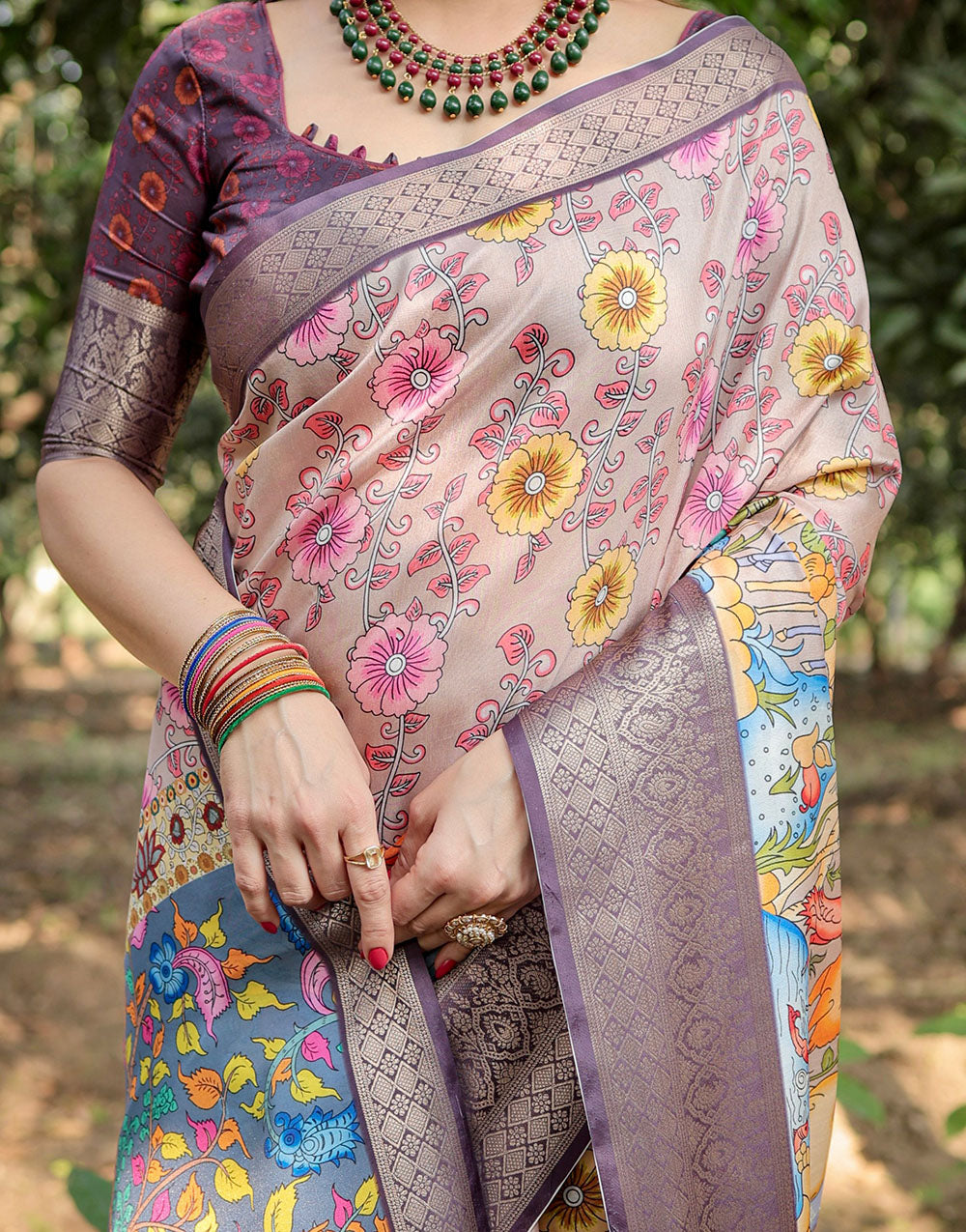 Light Rosewood Pink & Velour Purple Silk Saree With Digital Printed Work