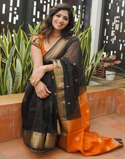 Black & Neon Orange Soft Linen Silk Saree With Zari Weaving Work