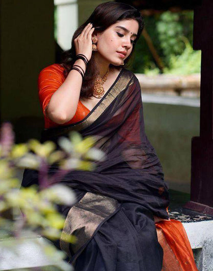 Black & Orange Soft Linen Silk Saree With Zari Weaving Work