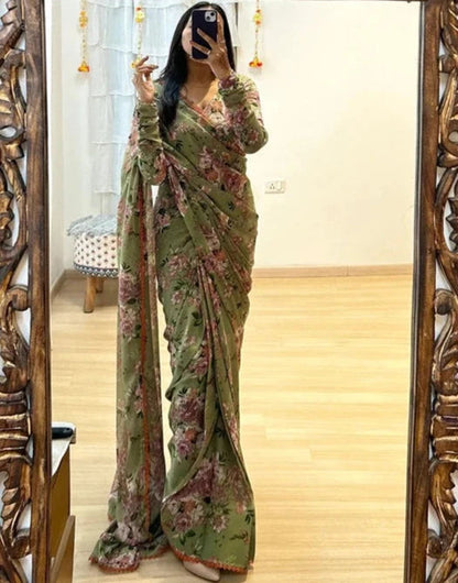 Olive Green Georgette Ready To Wear Saree With Printed Work