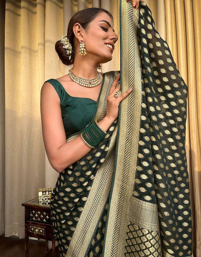 Green Soft Lichi Silk Golden Zari Weaving Saree