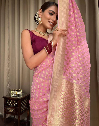 Rose Pink Soft Lichi Silk Golden Zari Weaving Saree