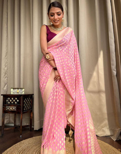 Rose Pink Soft Lichi Silk Golden Zari Weaving Saree