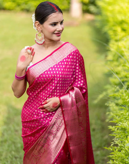 Rani Pink Banarasi Soft Silk Saree With Zari Weaving Work