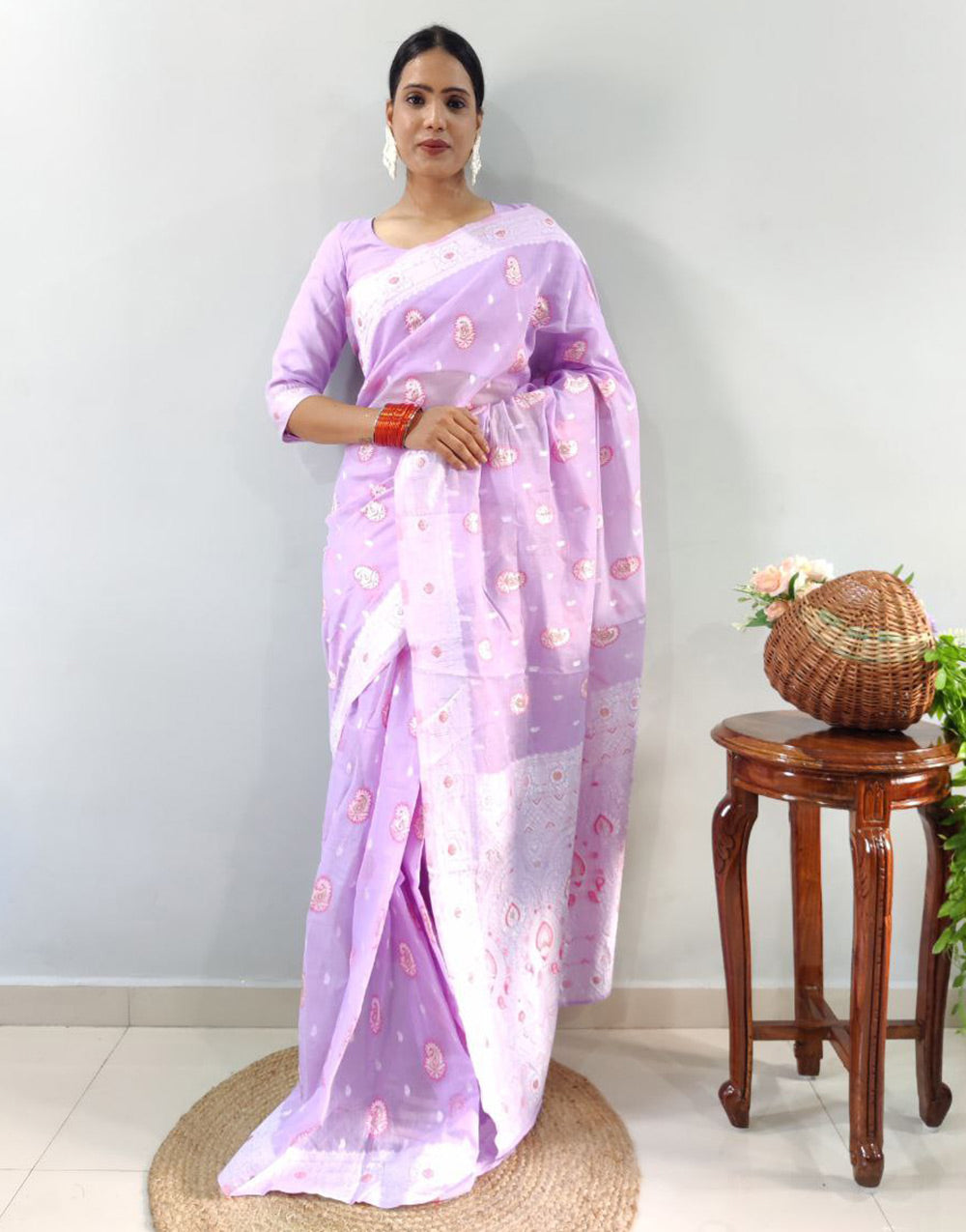 Lavender Soft Cotton With Embroidery Ready To Wear Saree