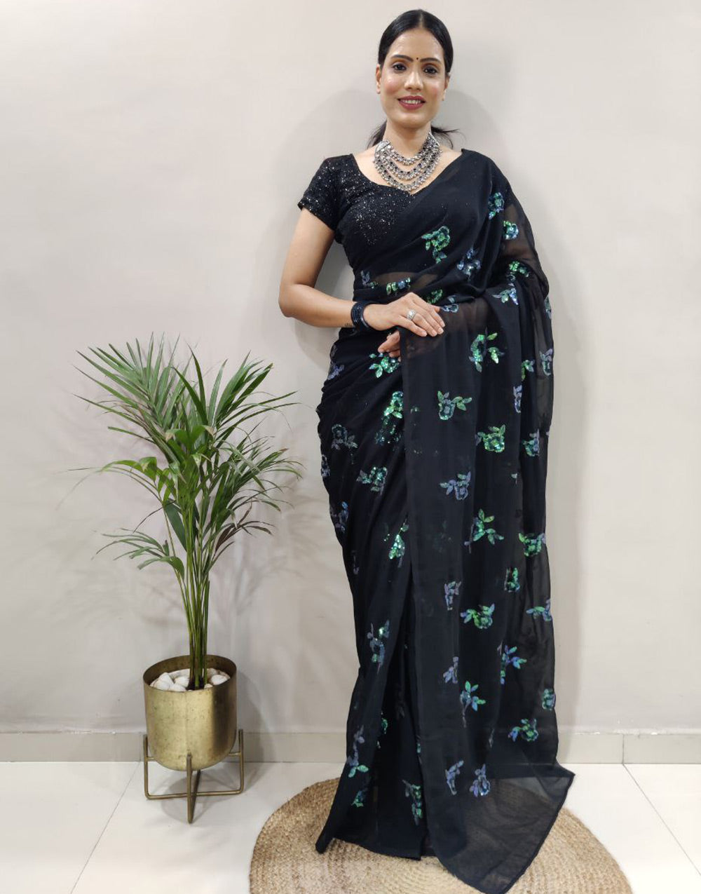 Black Georgette Sequence Ready To Wear Saree With Belt