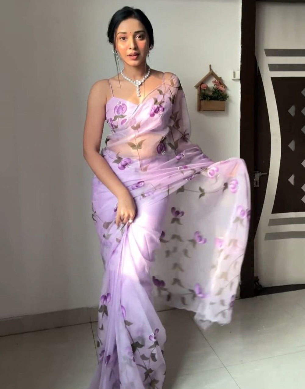 Lavender Organza With Printed Ready To Wear Saree