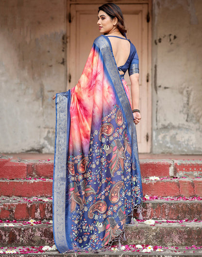 Dark Blue & Pink Silk Saree With Digital Printed & Weaving Border