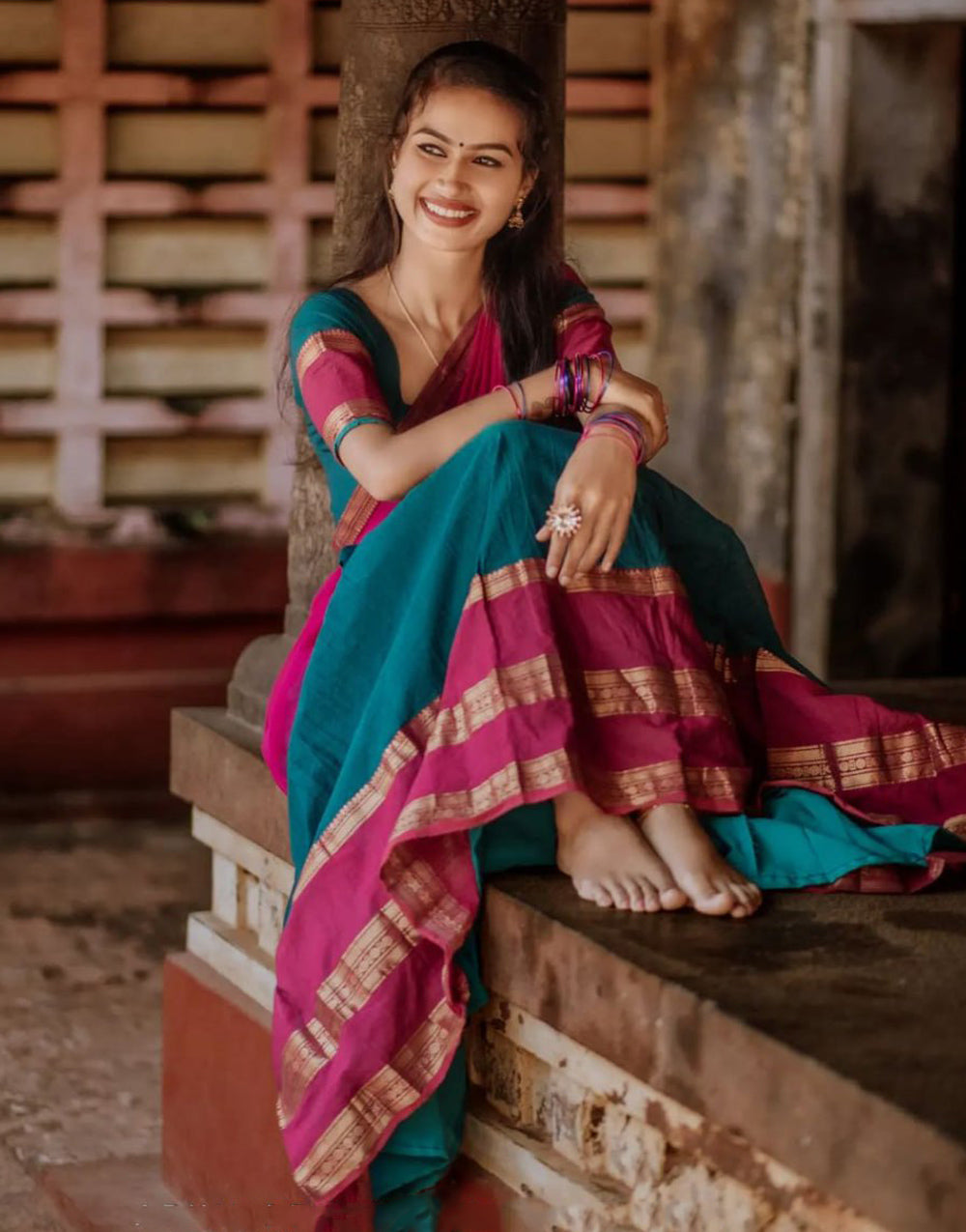 Cerulean Blue & Dark Pink Silk With Zari Weaving Lehenga Choli