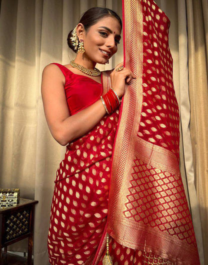 Red Soft Lichi Silk Golden Zari Weaving Saree