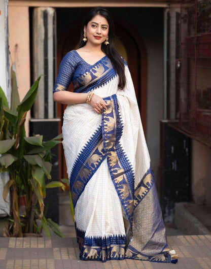 Latest White And Blue Lichi Silk Saree With Blouse