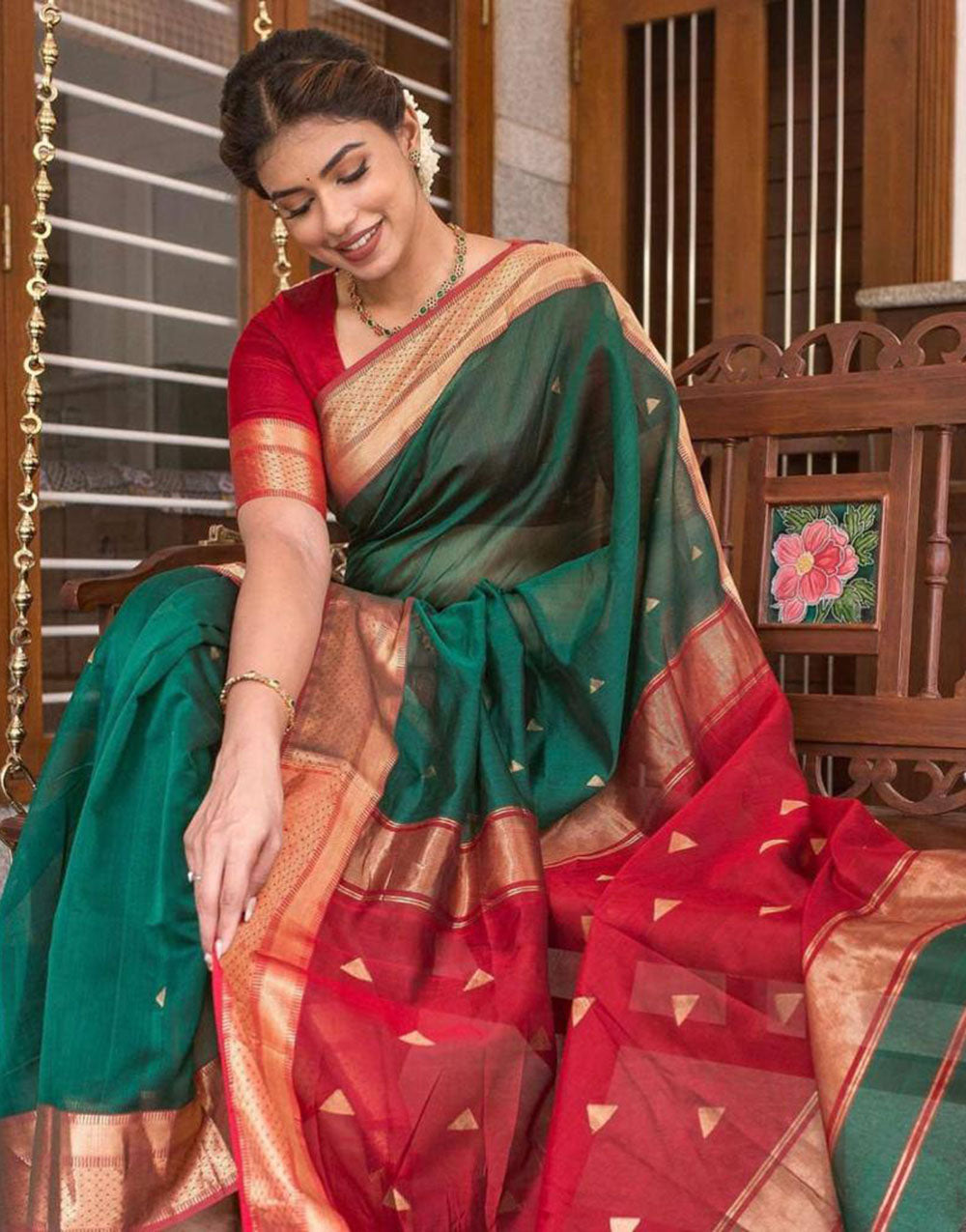 Dark Green & Red Soft Lichi Silk Saree With Zari Weaving Work