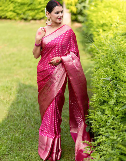 Rani Pink Banarasi Soft Silk Saree With Zari Weaving Work