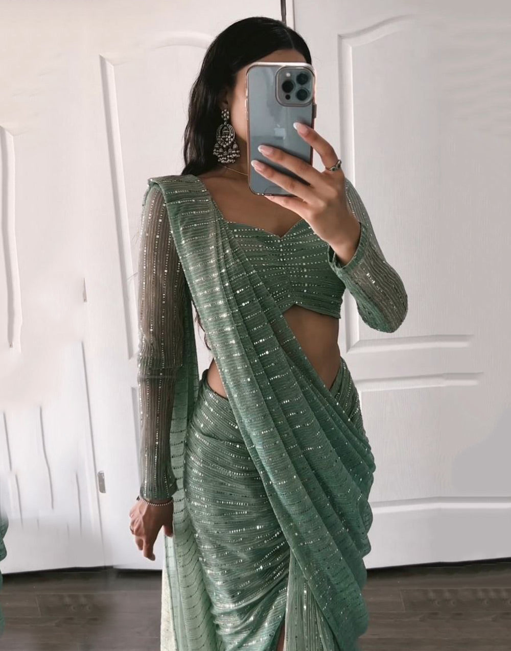 Goddess Green Net Sequence Ready To Wear Saree
