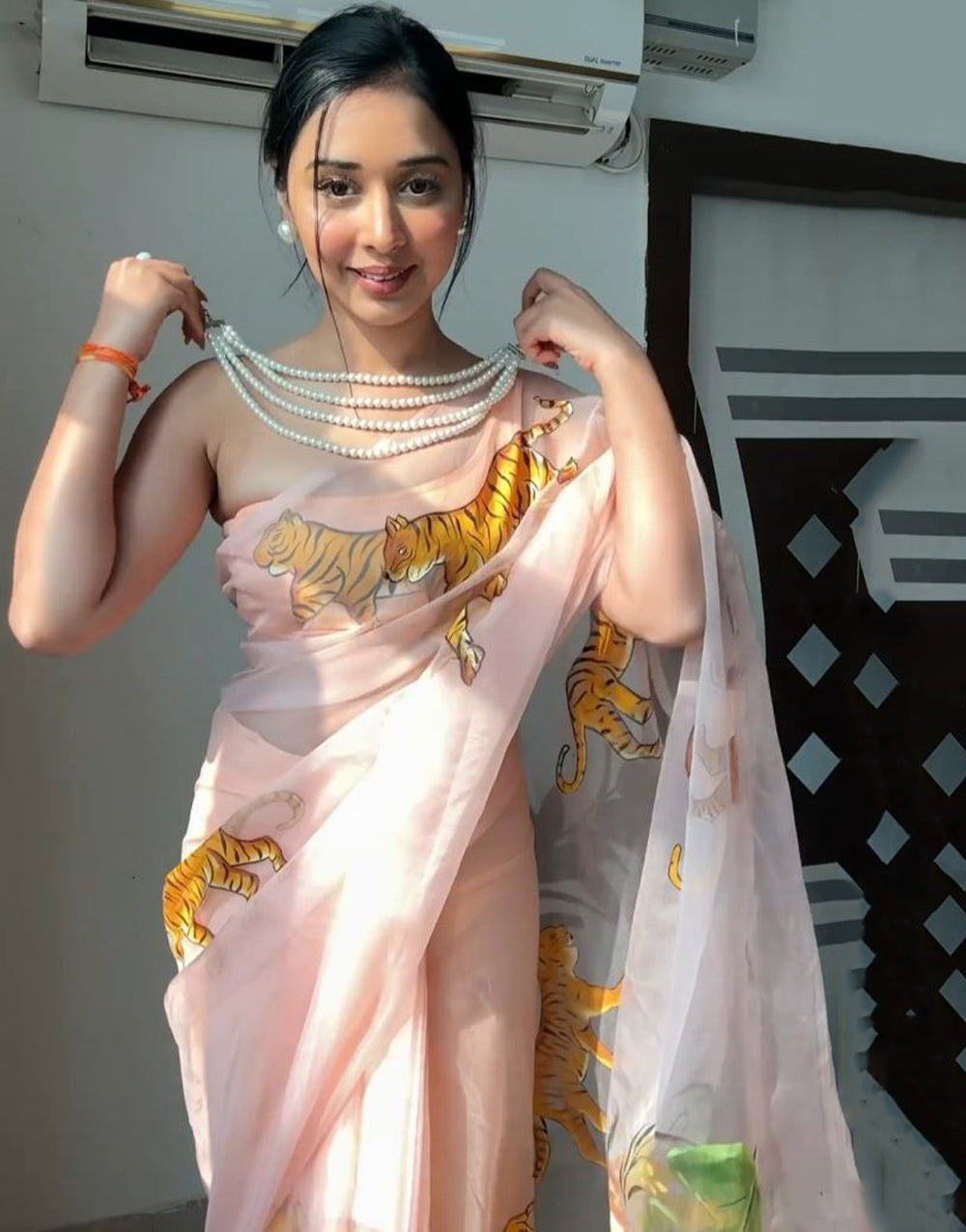 Light Peach Organza With Printed Ready To Wear Saree