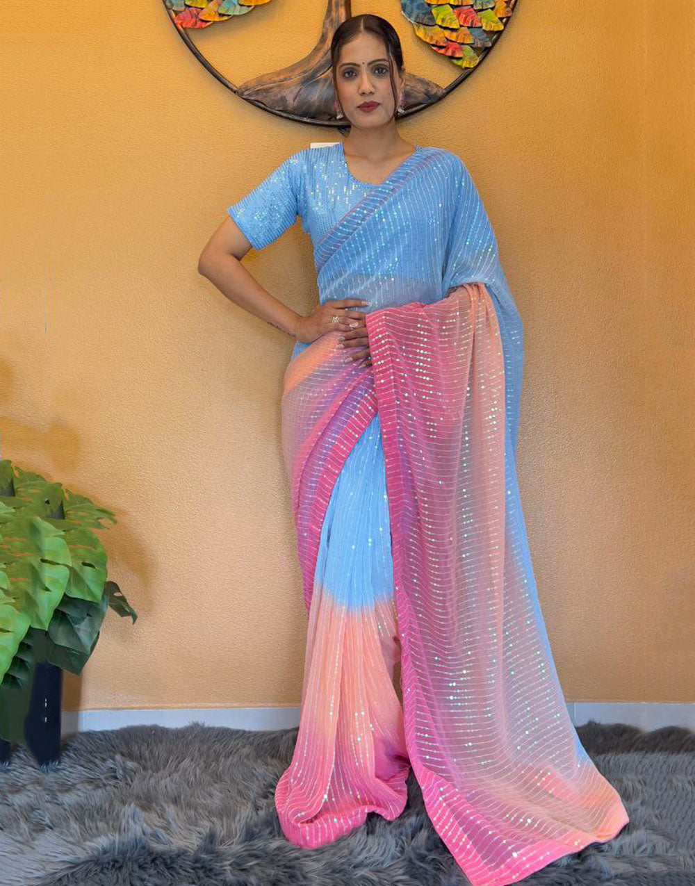 Light Blue & Pink Georgette With Sequence Ready To Wear Saree