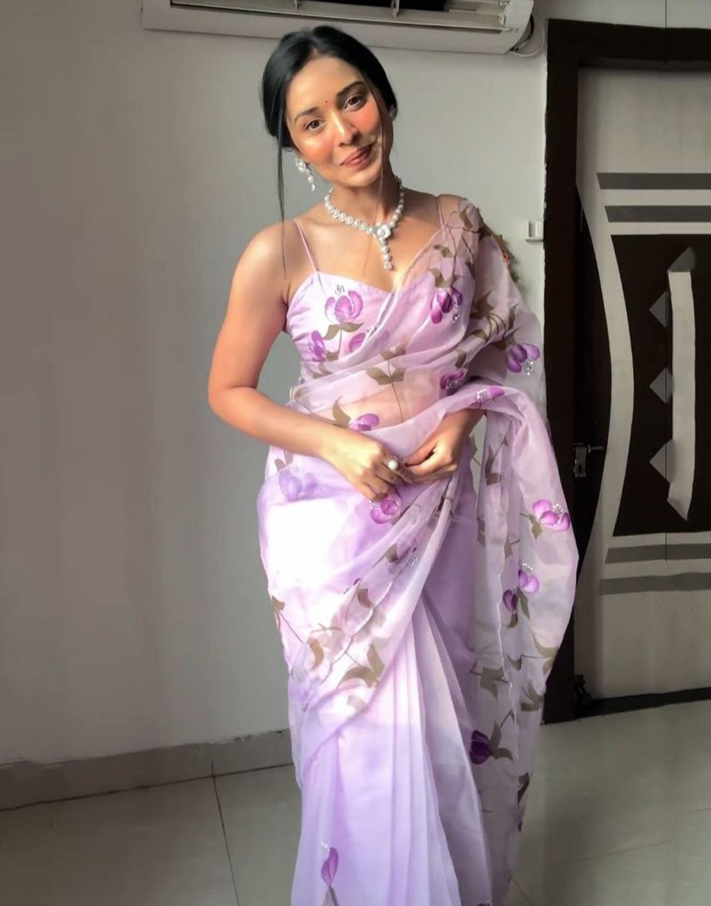 Lavender Organza With Printed Ready To Wear Saree