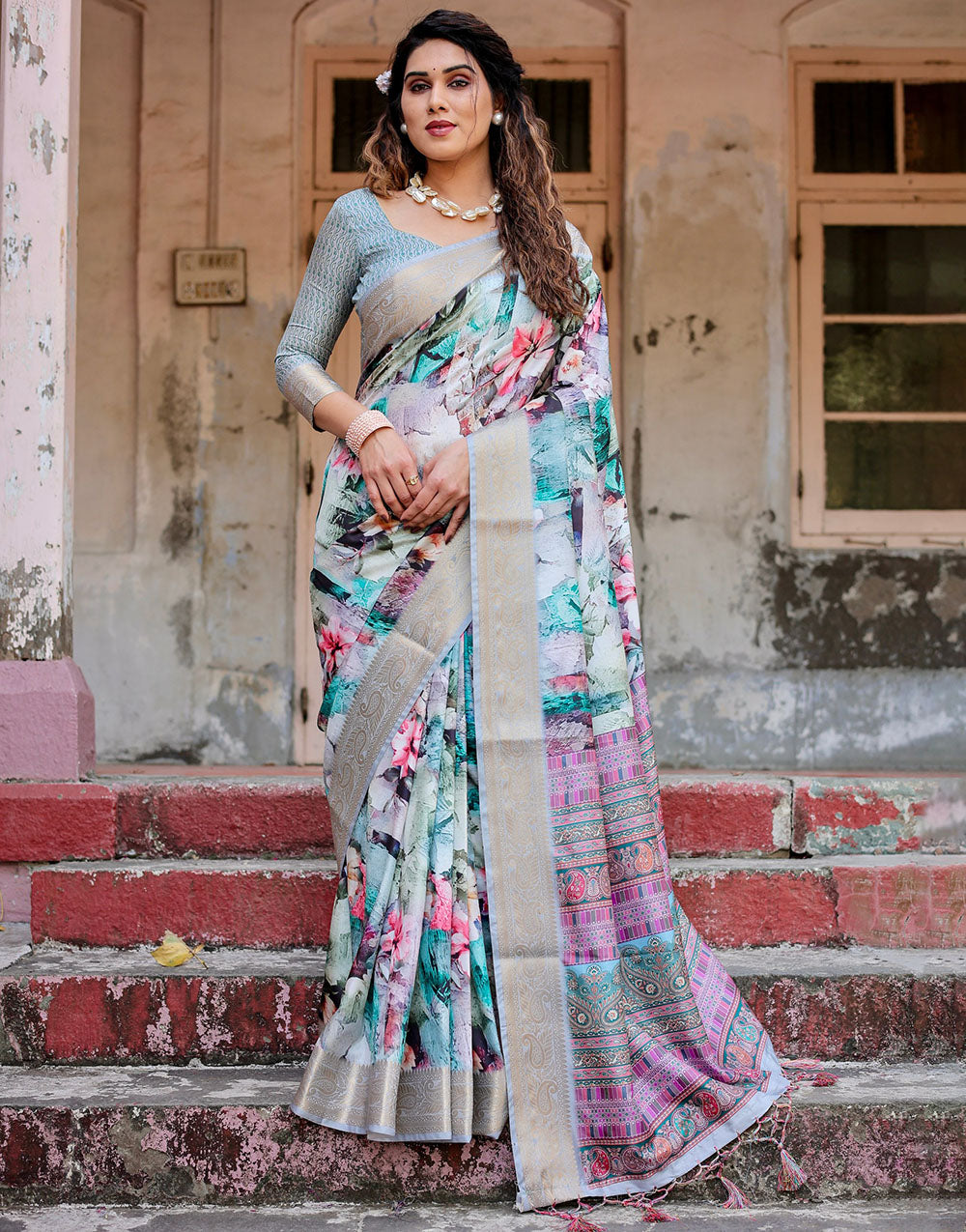 Multi Colour Silk Saree With Digital Printed Work