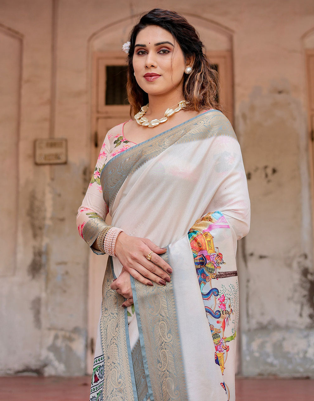 Grey Silk Saree With Digital Printed Work