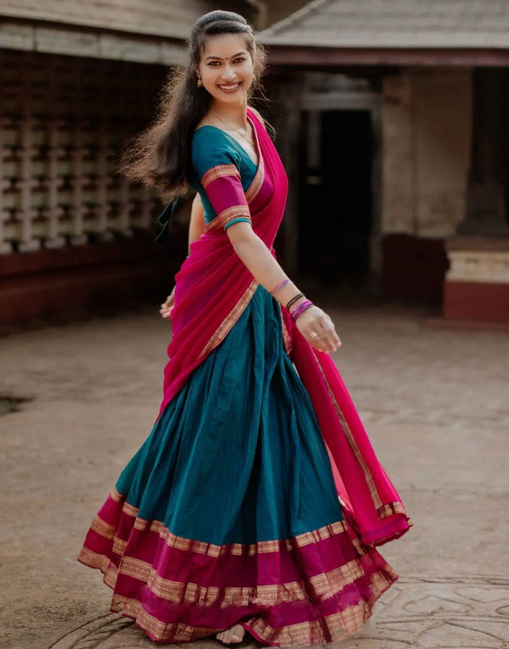 Cerulean Blue & Dark Pink Silk With Zari Weaving Lehenga Choli