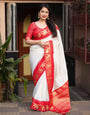 Beautiful White And Red Soft Lichi Silk Saree