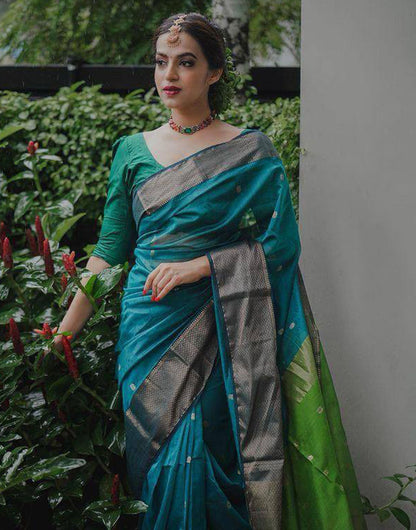 Teal Green Soft Linen Silk Saree With Zari Weaving Work