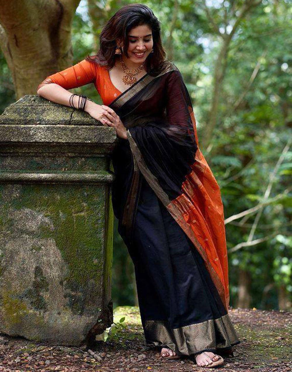 Black & Orange Soft Linen Silk Saree With Zari Weaving Work