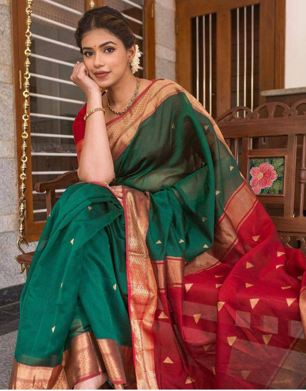 Dark Green & Red Soft Lichi Silk Saree With Zari Weaving Work