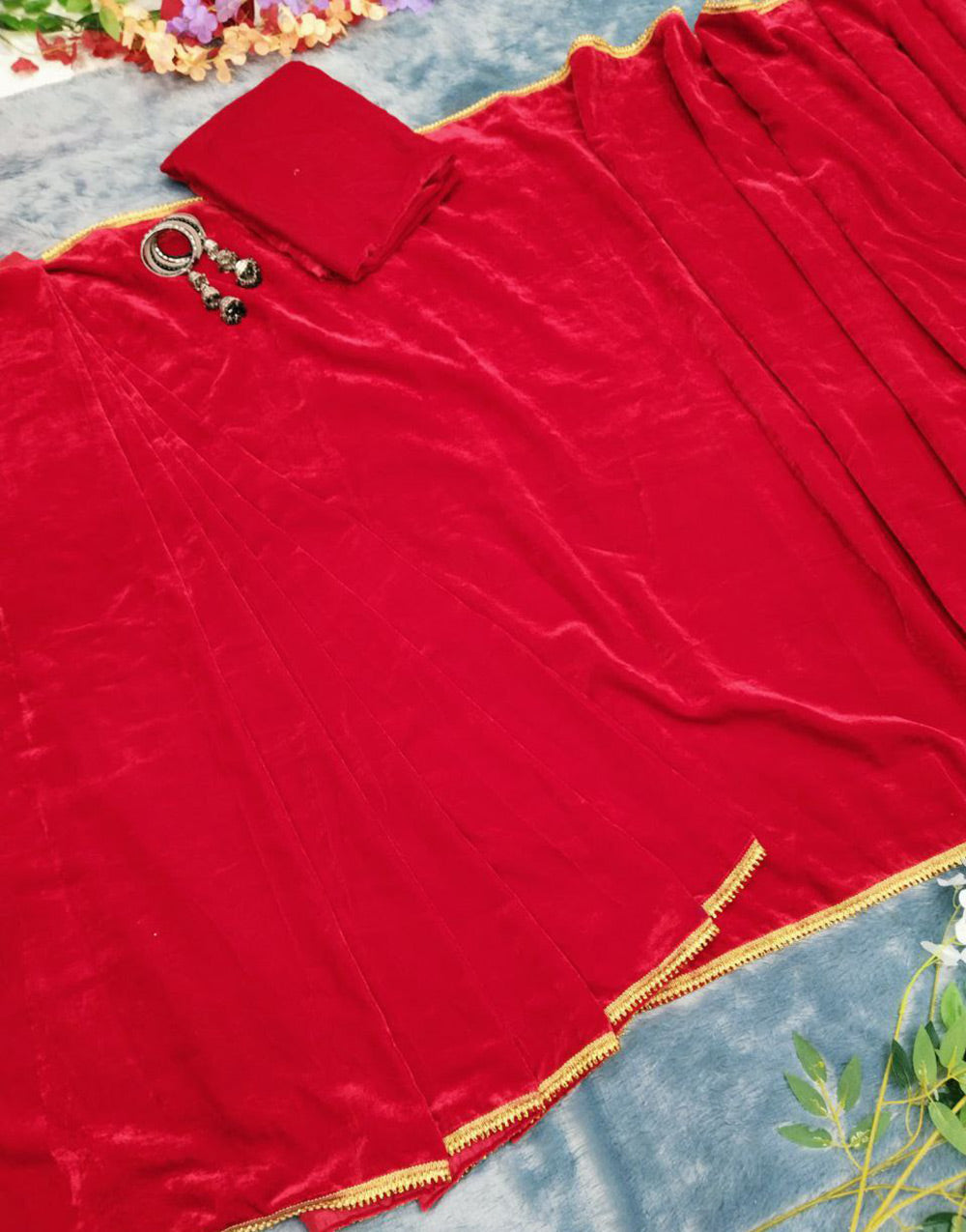 Red Velvet Lace Border Ready To Wear Saree