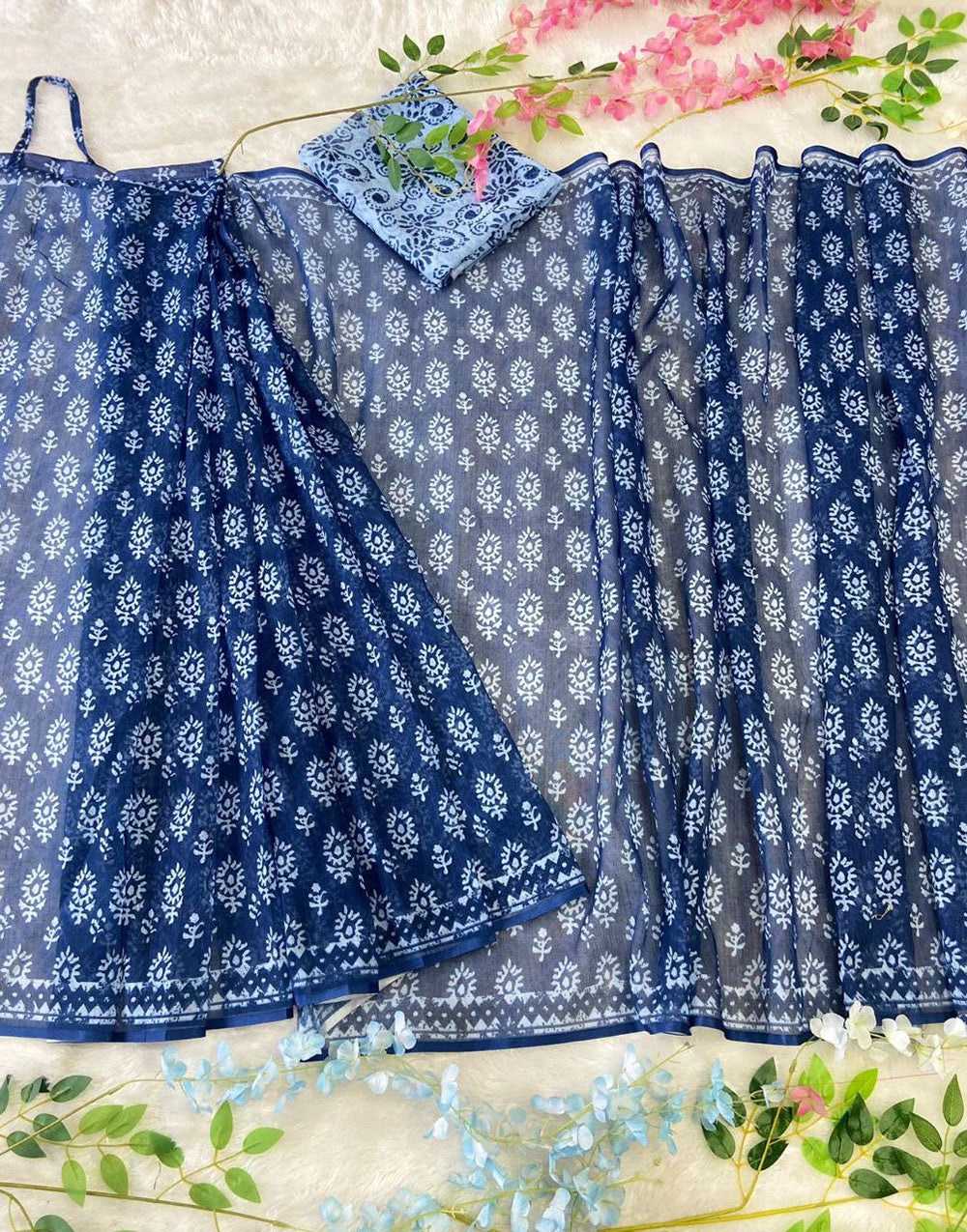 Navy Blue Linen Cotton Ready To Wear Saree With Printed Work