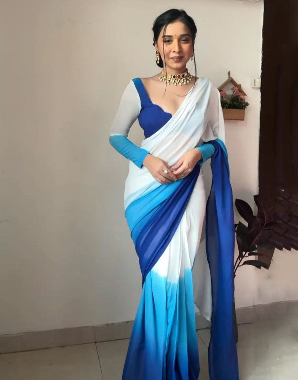Blue & White Georgette With Printed Ready To Wear Saree