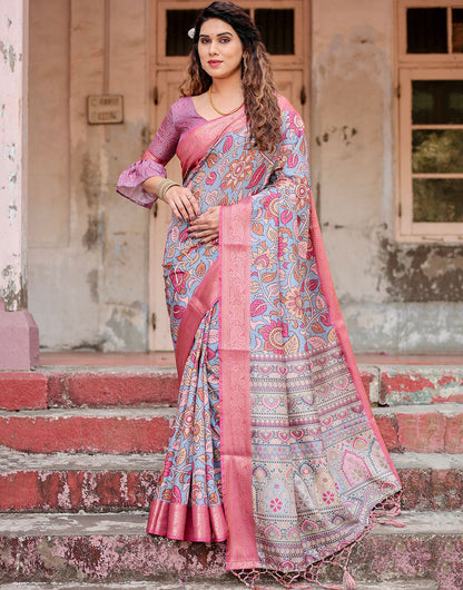 Light Blue & Pink Silk Saree With Digital Printed Work