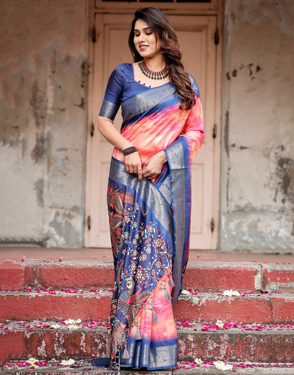 Dark Blue & Pink Silk Saree With Digital Printed & Weaving Border