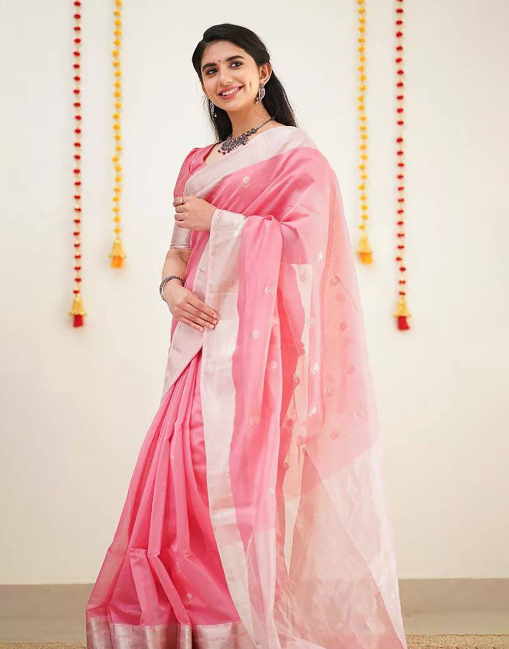 Rose Pink Designer Soft Linen Saree With Weaving Work