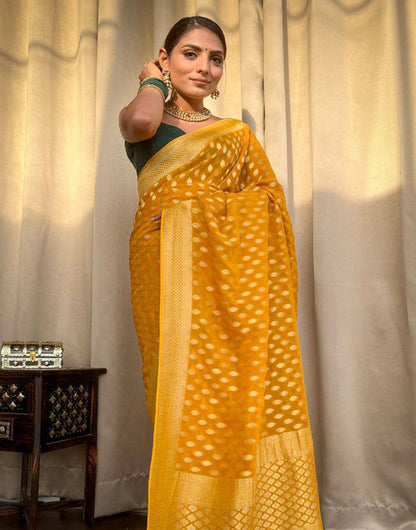 Yellow Soft Lichi Silk Golden Zari Weaving Saree