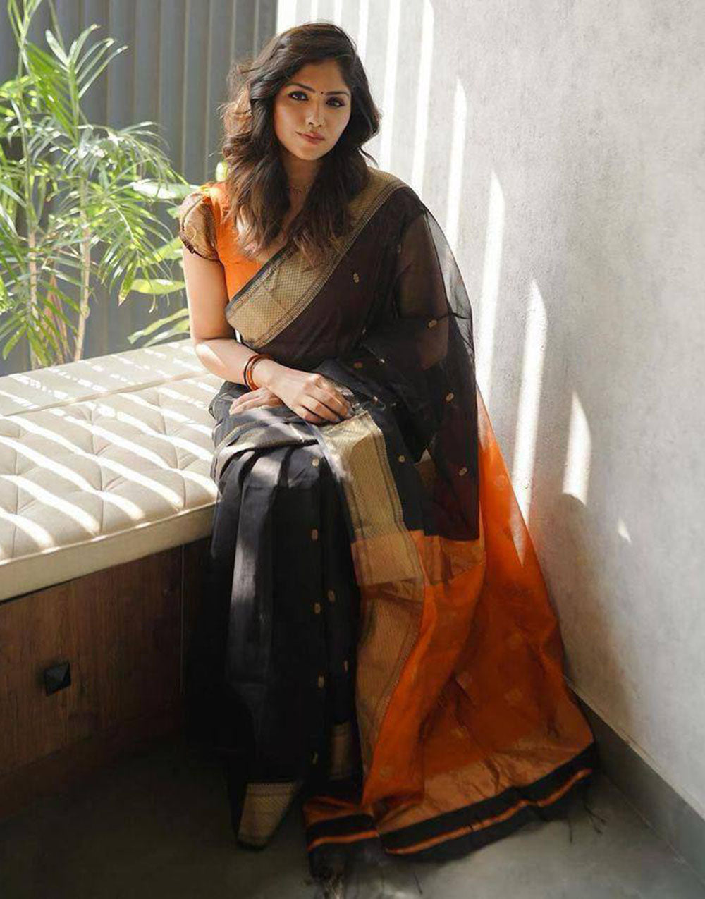 Black & Neon Orange Soft Linen Silk Saree With Zari Weaving Work