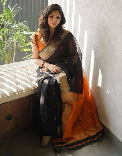 Black & Neon Orange Soft Linen Silk Saree With Zari Weaving Work