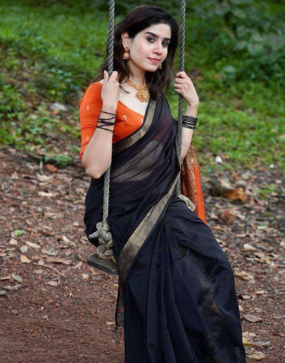 Black & Orange Soft Linen Silk Saree With Zari Weaving Work