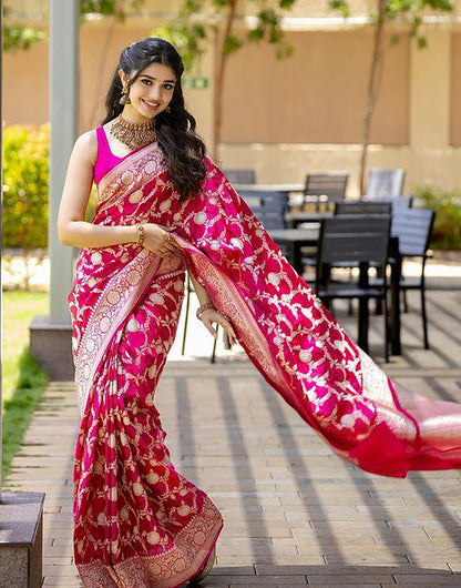 Rani Pink Banarasi Soft Silk Saree With Zari Weaving Work