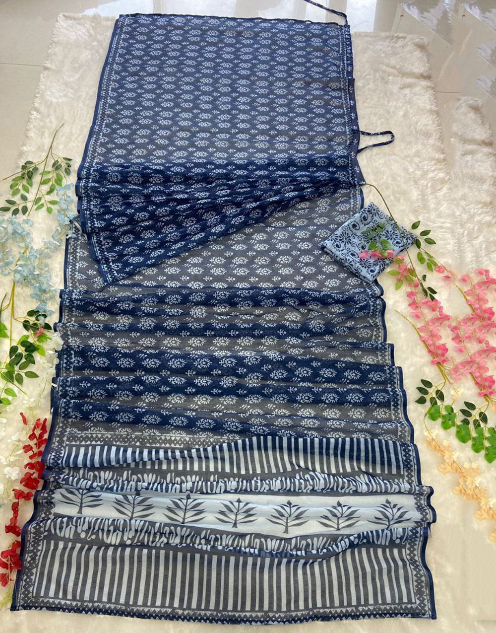 Navy Blue Linen Cotton Ready To Wear Saree With Printed Work