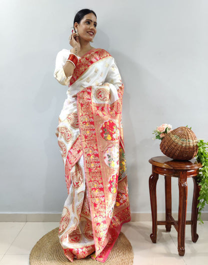 White Soft Banarasi Silk Ready To Wear Saree