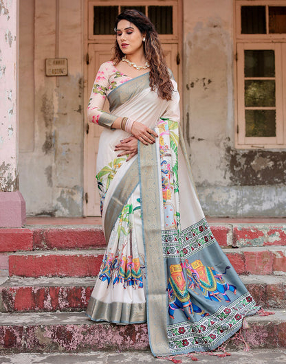 Grey Silk Saree With Digital Printed Work