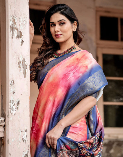 Dark Blue & Pink Silk Saree With Digital Printed & Weaving Border