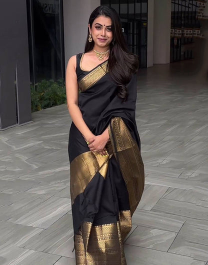 Black Soft Lichi Silk Saree With Golden Zari Weaving Border