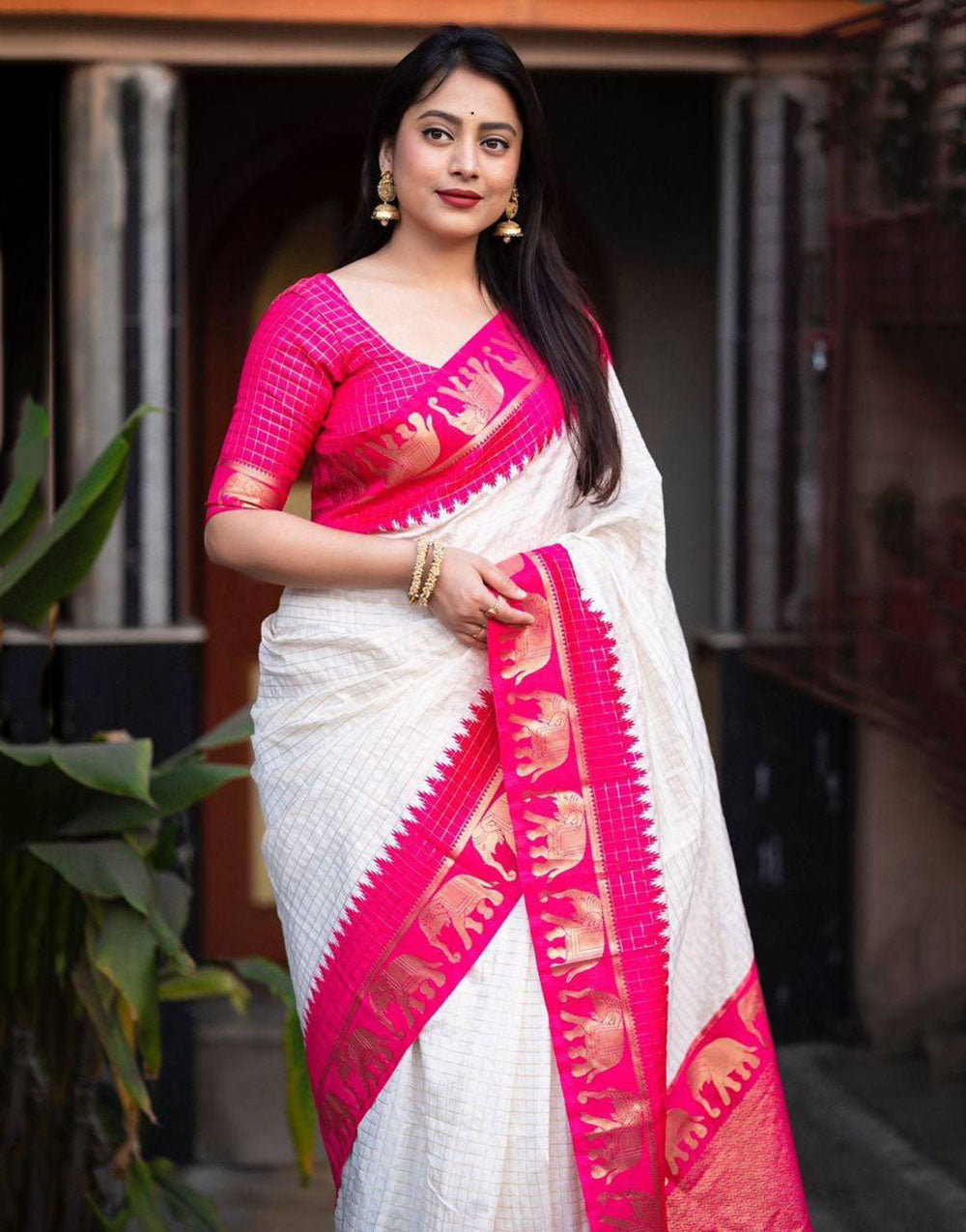 White And Pink Soft Lichi Silk Saree