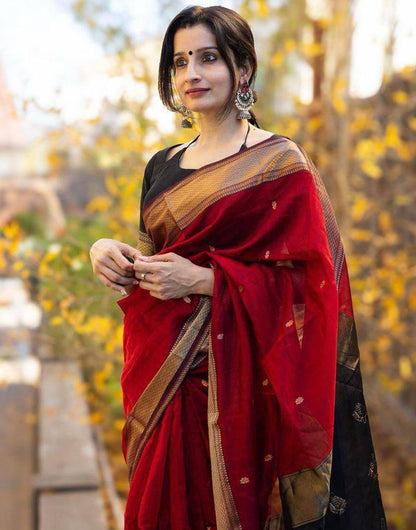 Red & Black Soft Linen Silk Saree With Zari Weaving Work