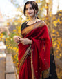 Red & Black Soft Linen Silk Saree With Zari Weaving Work