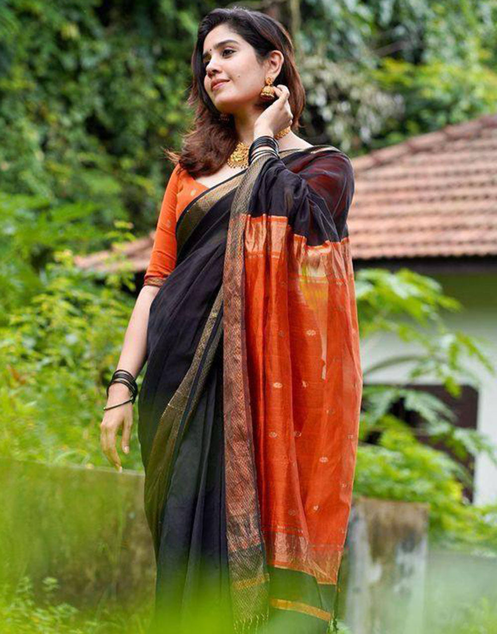 Black & Orange Soft Linen Silk Saree With Zari Weaving Work